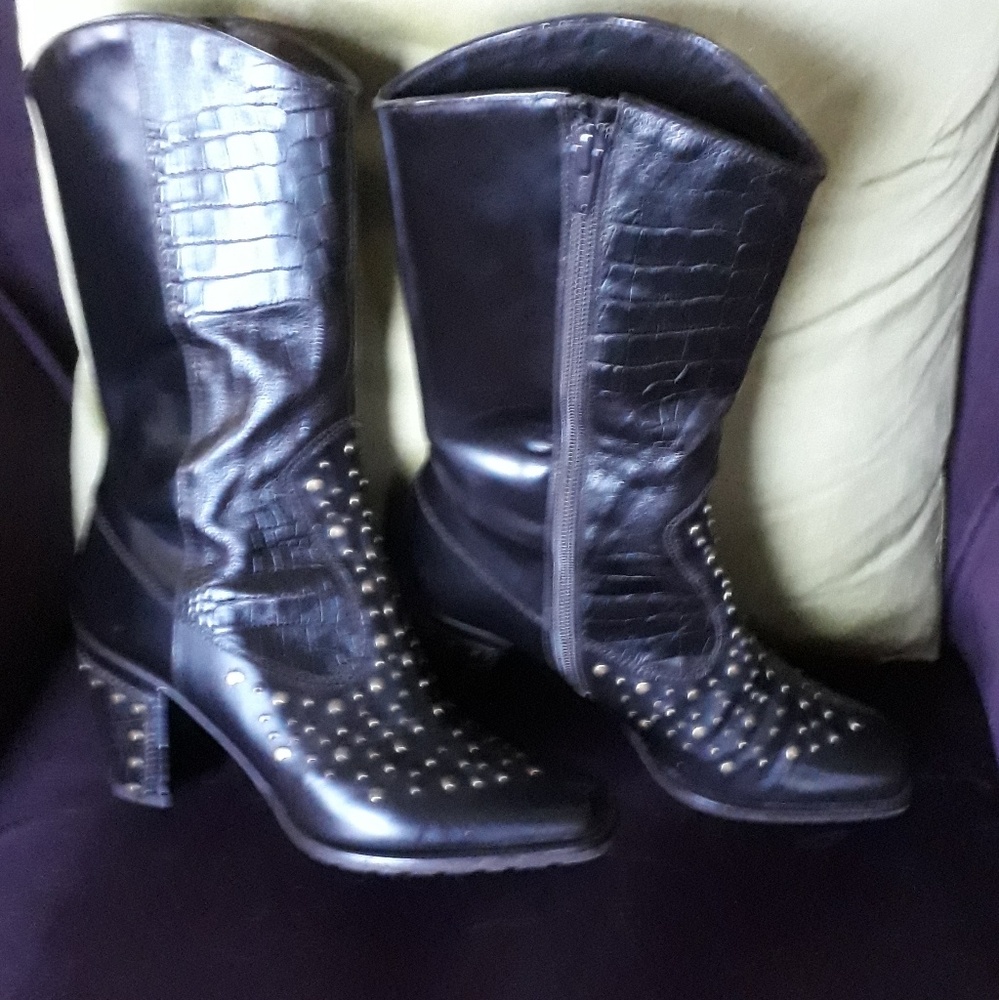 Stuart Weitzman black studded leather cowboy boots
